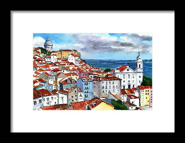 Portugal Framed Print featuring the painting Red Rooftops of Lisbon Alfama by Dora Hathazi Mendes