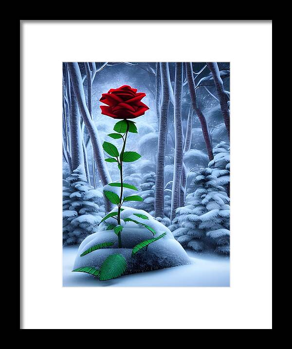 Digital Framed Print featuring the digital art Red Rose in the Snow by Beverly Read