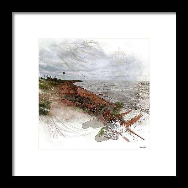 Lighthouse Framed Print featuring the mixed media Red Sand White Waves by Moira Law