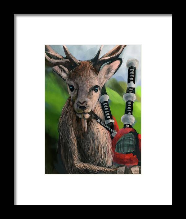 Red Deer Framed Print featuring the digital art Red Stag Bagpiper by Larry Whitler