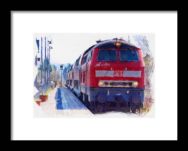 Red Train Framed Print featuring the digital art Red train Kressbronn Germany by Tatiana Travelways