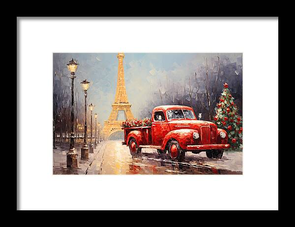 Christmas Art Framed Print featuring the painting Red Truck at the Eiffel Tower by Lourry Legarde