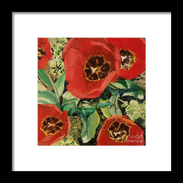Red Framed Print featuring the painting Red Tulips by Merana Cadorette