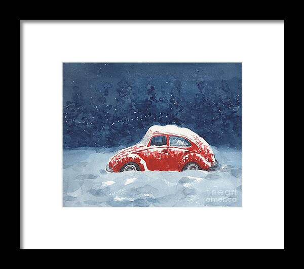 Volkswagen Framed Print featuring the painting Red VDub in the Snow by Vicki B Littell