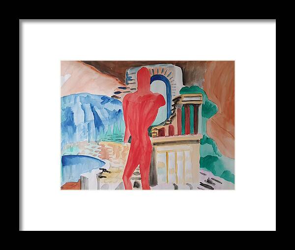 Classical Greek Sculpture Framed Print featuring the painting Red Warrior and the Temple by Enrico Garff