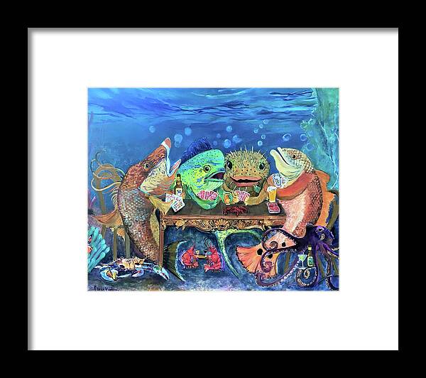 Redfish Framed Print featuring the painting Redfish Poker Time at the Reef Bar by Linda Kegley