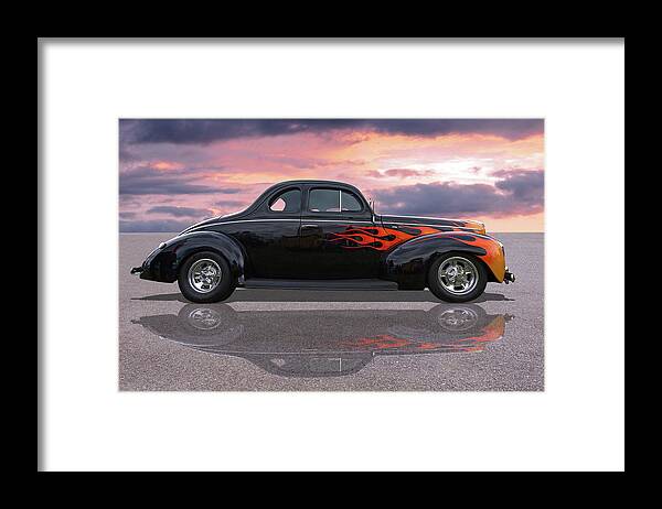 Hotrod Framed Print featuring the photograph Reflections Of A 1940 Ford Deluxe Hot Rod With Flames by Gill Billington
