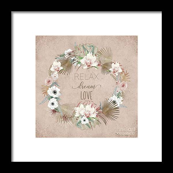 White Orchids Framed Print featuring the painting Relax Dream Love Blush Pink Tropical Floral Wreath by Audrey Jeanne Roberts
