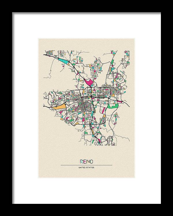 Reno Framed Print featuring the drawing Reno, Nevada City Map by Inspirowl Design