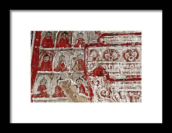 Birman Framed Print featuring the photograph Repeating patterns, ancient painted fresco of Buddha, Myanmar by Lie Yim