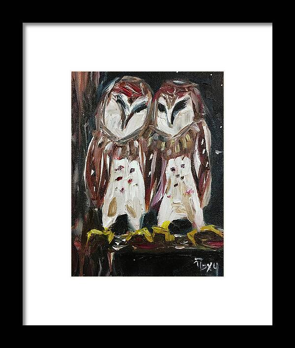 Owls Framed Print featuring the painting Resident Gangstas Backyard Barn Owls by Roxy Rich