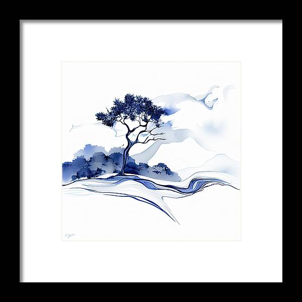 Blue Mid-century Modern Art Framed Print featuring the painting Resilient Tree - Blue and White Minimalist Art by Lourry Legarde