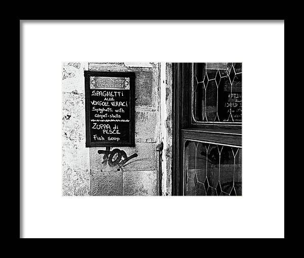 Restaurant Venice Italy Menu Framed Print featuring the photograph Restaurant in Venice, Italy by David Morehead