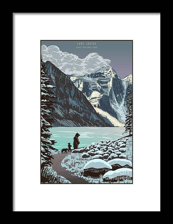 Travel Poster Framed Print featuring the digital art Retro Lake Louise Poster Art by Sassan Filsoof