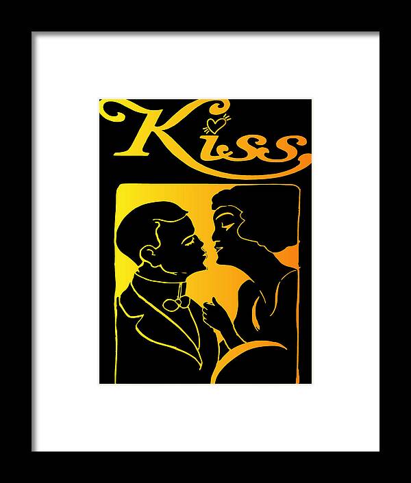 Romance Framed Print featuring the digital art Retro Love Couple Kiss Heart Couple In Love Lovers Beautiful Man And Woman Kissing Love Heart 3/3 by Mounir Khalfouf