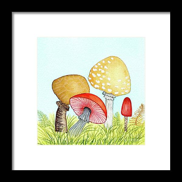 Retro Mushrooms Framed Print featuring the painting Retro Mushrooms 1 by Donna Mibus