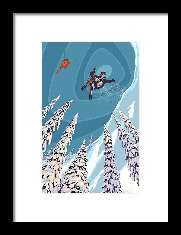 Retro Ski Art Framed Print featuring the painting Retro Ski Jumper Heli Ski by Sassan Filsoof