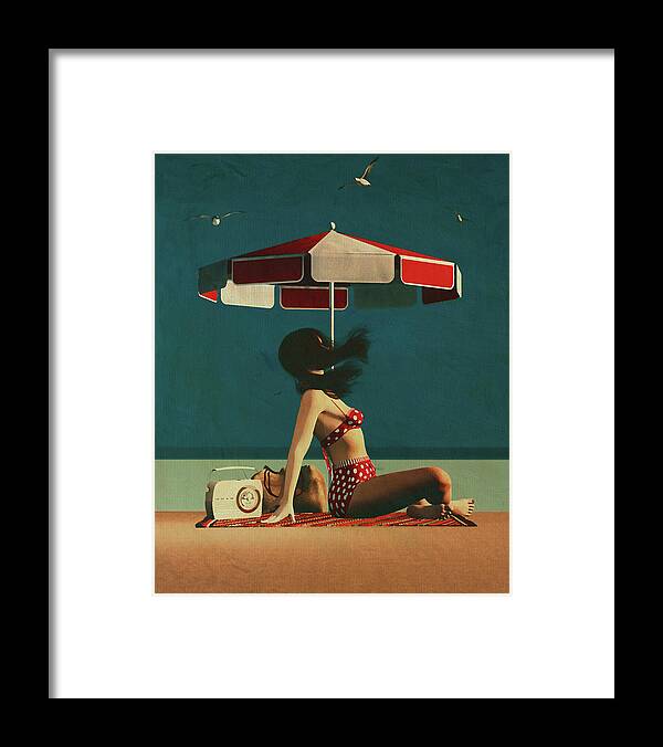 Acrylic On Canvas Framed Print featuring the digital art Retro Style Painting of a Girl on the Beach by Jan Keteleer