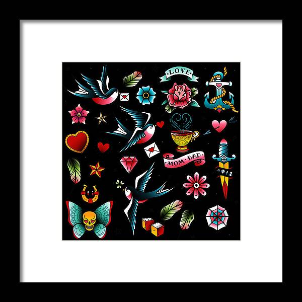 Smile Framed Print featuring the painting Retro Vintage Tattoos by Tony Rubino
