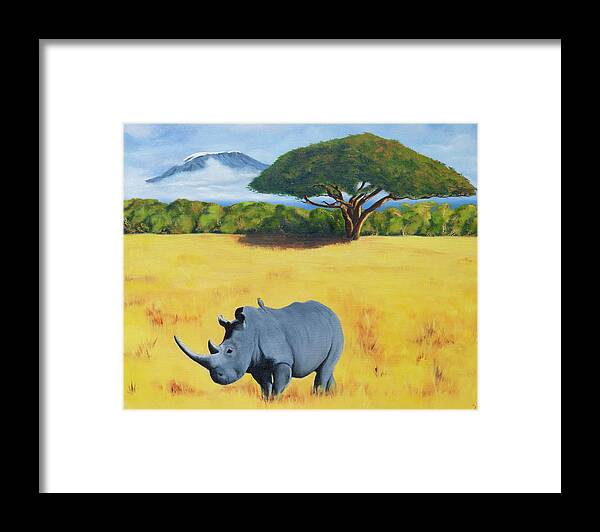 Kilimanjaro Framed Print featuring the painting Rhino and Kilimanjaro by Tracy Hutchinson