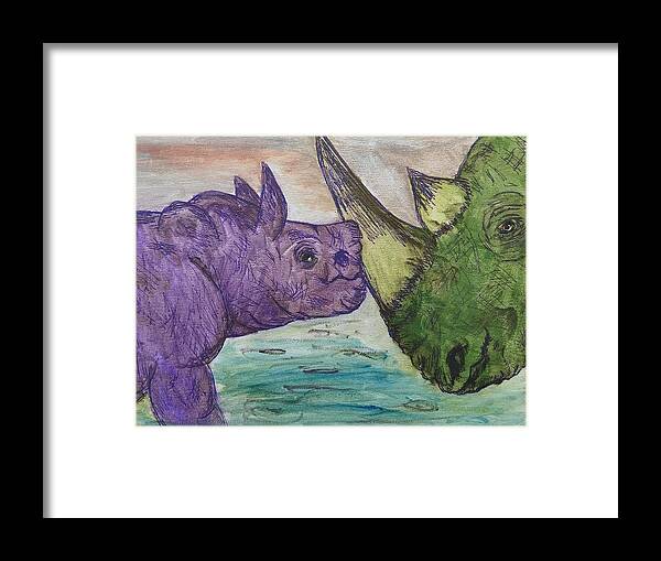 12 X 9 Framed Print featuring the painting Rhinos by Lisa Koyle