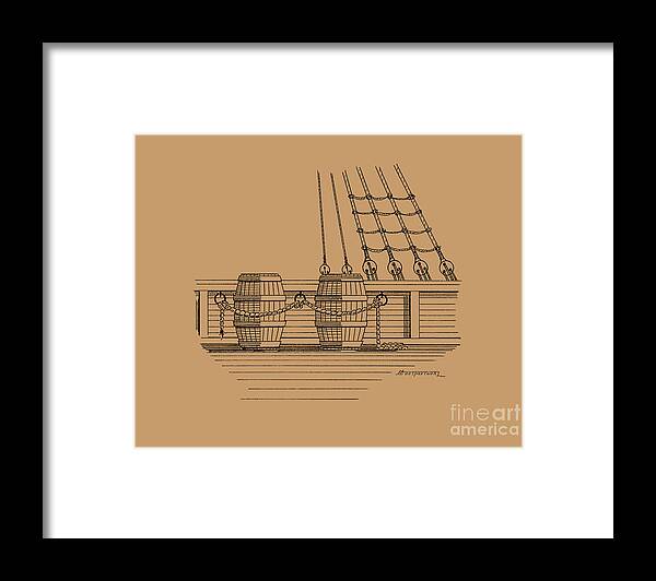 Sailing Vessels Framed Print featuring the drawing Rigging lader and water barrels by Panagiotis Mastrantonis