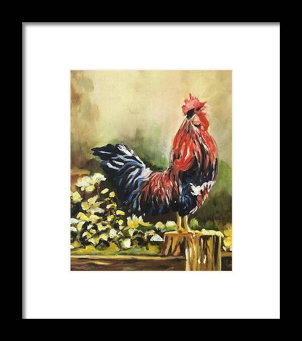 Colorful Rooster Framed Print featuring the painting Rise and Shine by Juliette Becker