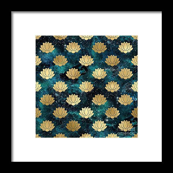 Watercolor Framed Print featuring the digital art Rivala - Teal Gold Watercolor Lotus Galaxy Dharma Pattern by Sambel Pedes