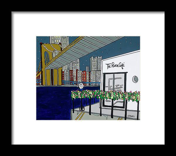 River Cafe Restaurant Brooklyn Framed Print featuring the painting River Cafe by Mike Stanko