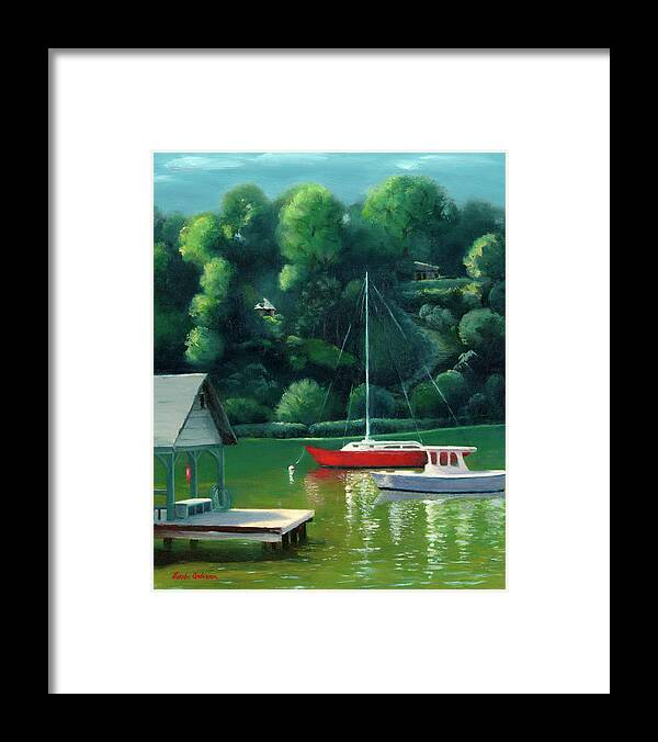 Sailboat Framed Print featuring the painting River Reflections by Linda Anderson
