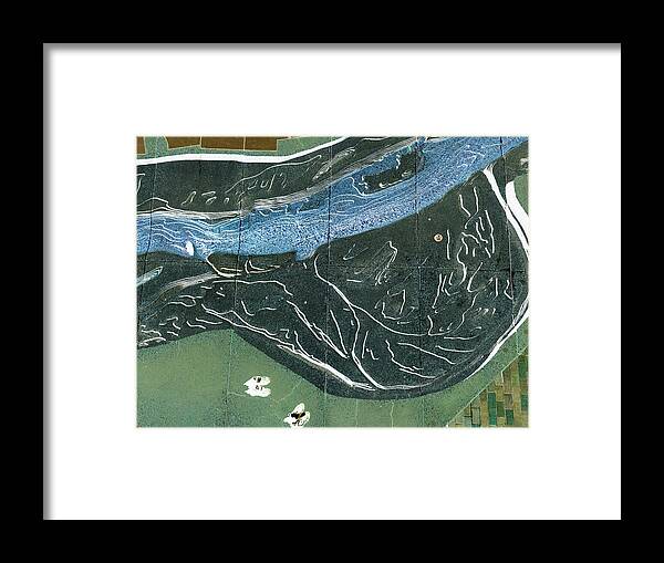 Memphis Framed Print featuring the digital art River Walk From Above, Green, Blue, Brown, Black, And White by David Desautel