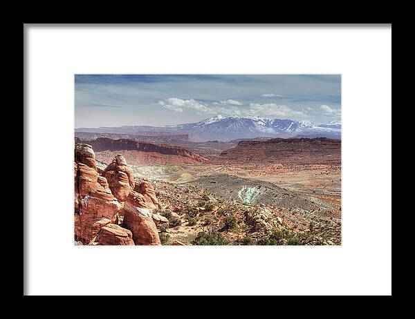 Arches Framed Print featuring the photograph Road Trip -La Sal range from Fiery Furnace overlook at Arches National Park in Utah near Moab by Peter Herman