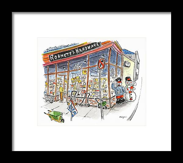 Robnett's Hardware Framed Print featuring the drawing Robnett's Hardware Store by Mike Bergen