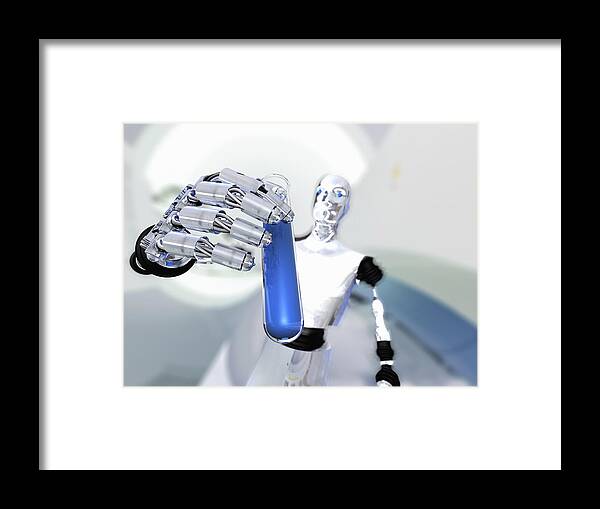 Distorted Image Framed Print featuring the photograph Robot holding up test tube with blue liquid by Cultura RM Exclusive/KaPe Schmidt