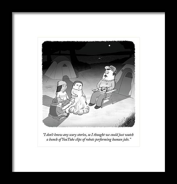 I Don't Know Any Scary Stories Framed Print featuring the drawing Robots Performing Human Jobs by Lars Kenseth
