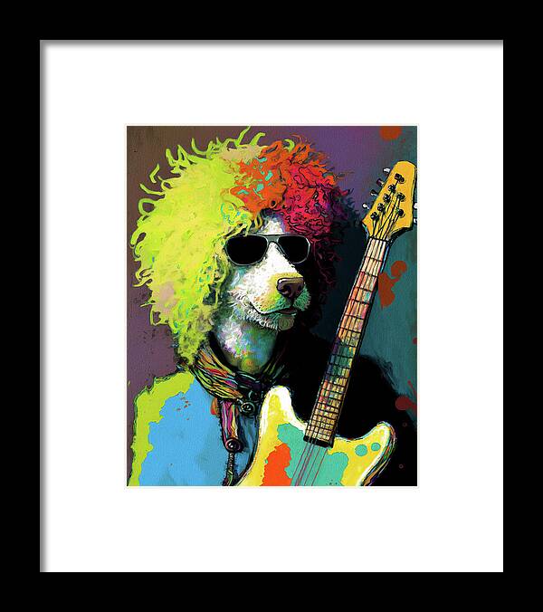 Rock Star Framed Print featuring the painting Rock Star Musician - Fanny Anime Goldendoodle Dog Colorful Graphic 010 by Aryu