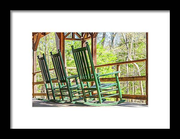 Elkmont Lodge Framed Print featuring the photograph Rocking Chair Respite, Elkmont Lodge by Marcy Wielfaert
