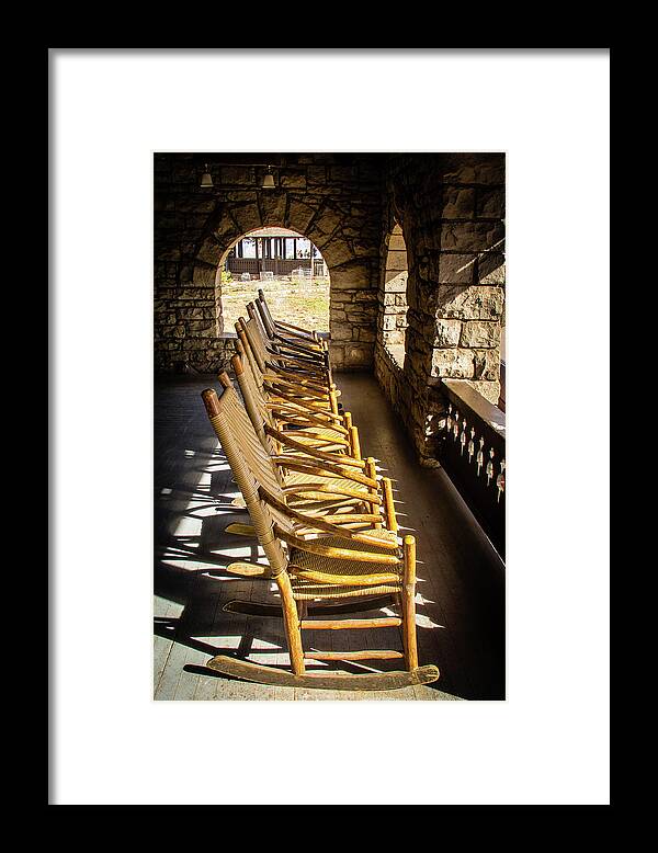 Canyon Framed Print featuring the photograph Rocking chairs on the El Tovar porch by Craig A Walker