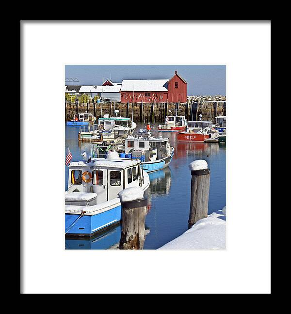 Rockport In Winter 2014 Framed Print featuring the photograph Rockport Harbor in Snow by Caroline Stella