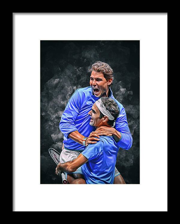 Roger Federer Framed Print featuring the digital art Roger Federer and Rafa Nadal Laver Cup 2017. Digital artwork print. Tennis fedal fan art gift. by Samuil Brannan
