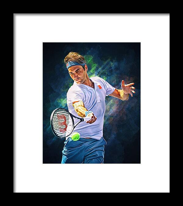 Roger Federer Framed Print featuring the digital art Roger Federer. Digital artwork print. Tennis fan art gift. by Samuil Brannan