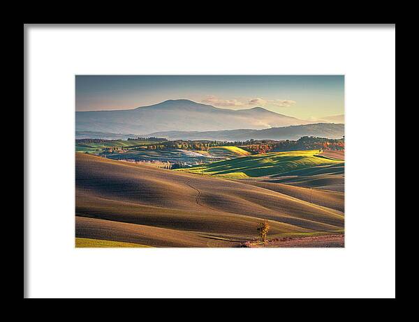 Landscape Framed Print featuring the photograph Rolling hills and Mount Amiata in Tuscany. by Stefano Orazzini