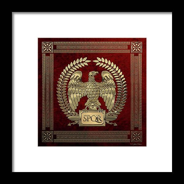 ‘treasures Of Rome’ Collection By Serge Averbukh Framed Print featuring the digital art Roman Empire - Gold Imperial Eagle over Red Velvet by Serge Averbukh