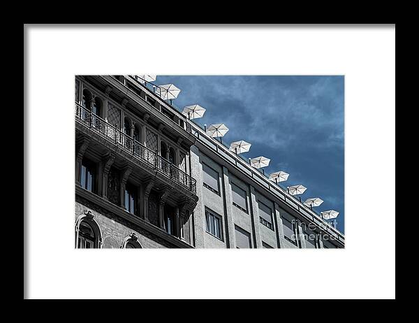Accommodation Framed Print featuring the photograph Roof Terrace With Sun Parasols On Historic And Modern Buildings In The Inner City Of Vienna by Andreas Berthold