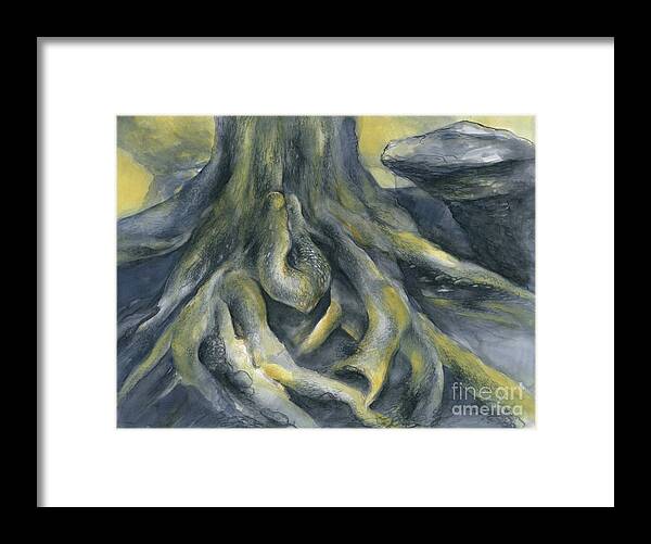 Root Framed Print featuring the painting Root on the rock plateau by Adriana Mueller