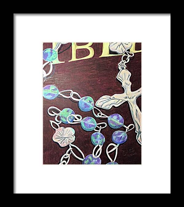 Rosary Framed Print featuring the drawing Rosary on Bible by Colette Lee