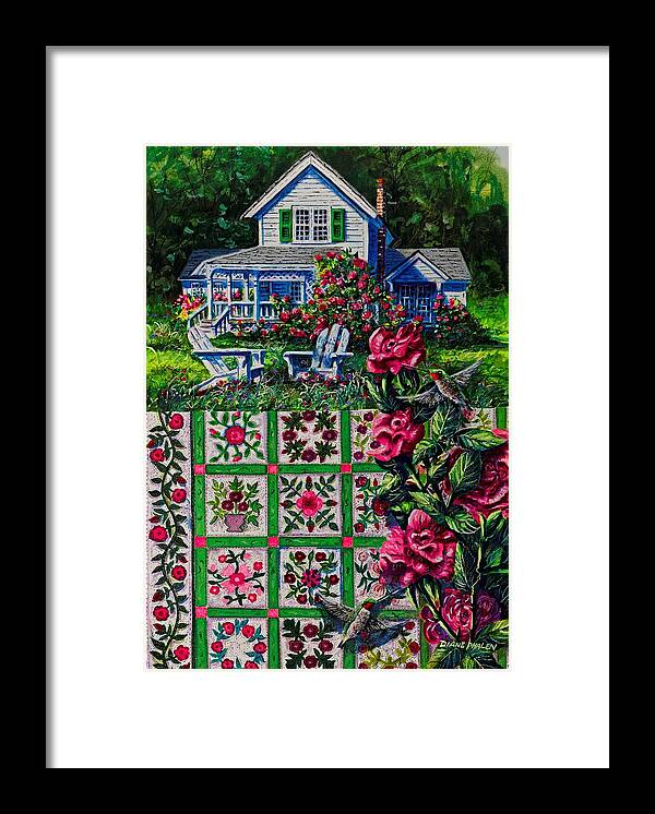 A Patchwork Quilt Of Traditional Rose Patterns In A Rose Garden With Hummingbirds Framed Print featuring the painting Rose Garden by Diane Phalen