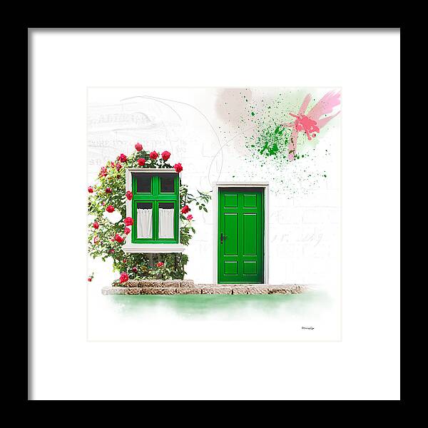Door Framed Print featuring the mixed media Roses 'Round My Window by Moira Law