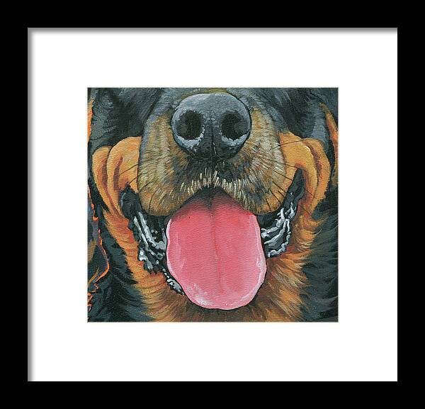 Rottweiler Framed Print featuring the painting Rottweiler- Buster by Nadi Spencer