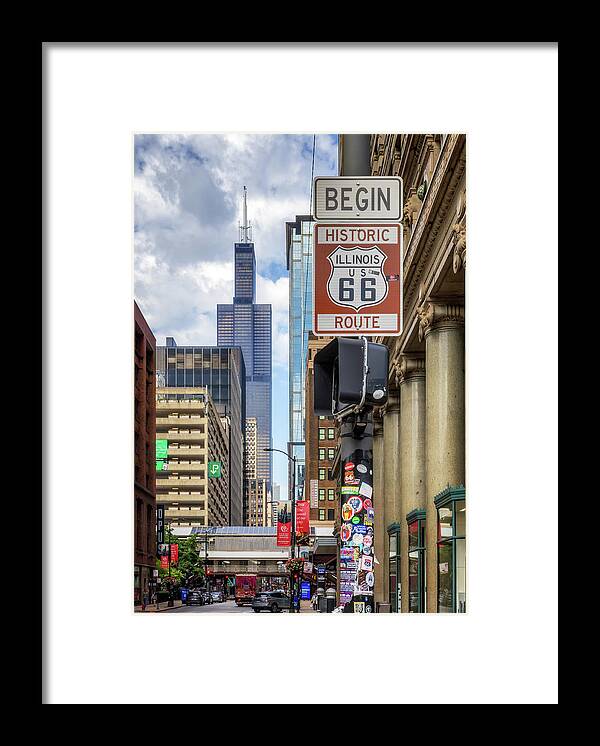 Route 66 Framed Print featuring the photograph Route 66 Begin Sign - Chicago, Illinois by Susan Rissi Tregoning